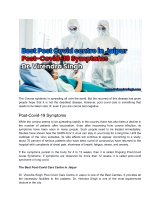 Best Post Covid centre in Jaipur  Post-Covid-19 Symptoms - Dr. Virendra Singh