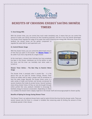 Benefits of Choosing Energy Saving Shower Timers