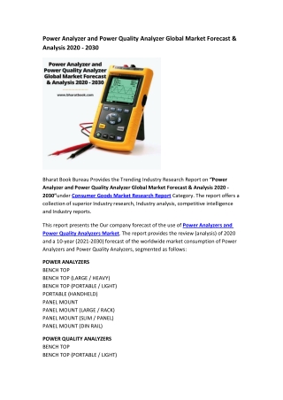 Power Analyzer and Power Quality Analyzer Global Market Forecast & Analysis 2020