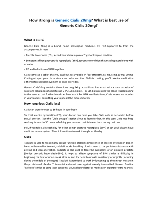 Generic Cialis 20mg is used to treat ED, impotence issue of men, blood muscles r
