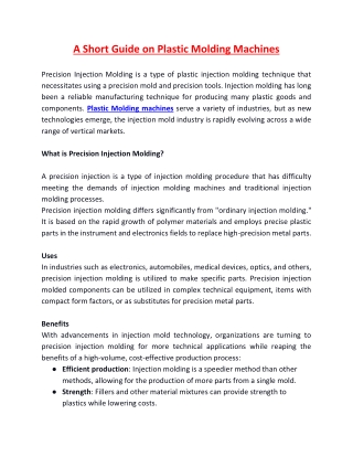 A Short Guide on Plastic Molding Machines