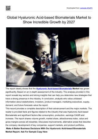 Global Hyaluronic Acid-based Biomaterials Market to Show Incredible Growth 2021