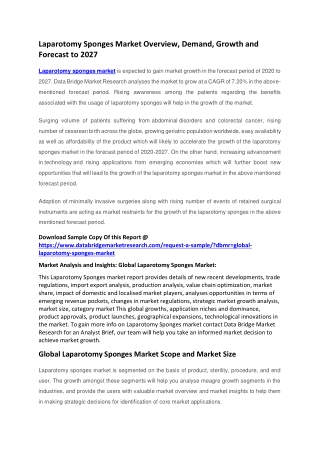 Laparotomy Sponges Market Overview, Demand, Growth and Forecast to 2027
