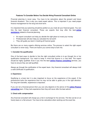 Features To Consider Before You Decide Hiring Financial Consultant Online