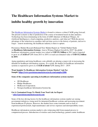 The Healthcare Information Systems Market to imbibe healthy growth by innovation