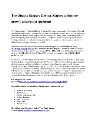 The Obesity Surgery Devices Market to join the growth adsorption spectrum