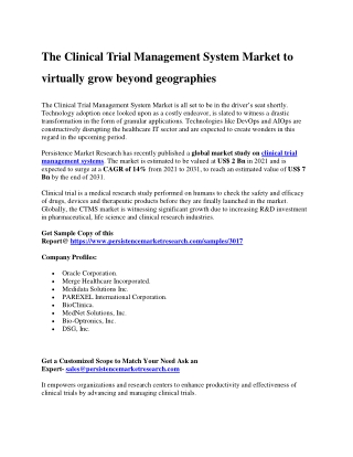 The Clinical Trial Management System Market to virtually grow beyond geographies