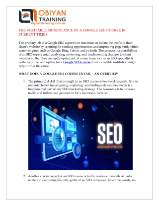THE VERITABLE SIGNIFICANCE OF A GOOGLE SEO COURSE IN CURRENT TIMES