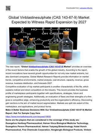 Global Vinblastinesulphate (CAS 143-67-9) Market May Set a New Epic Growth Story
