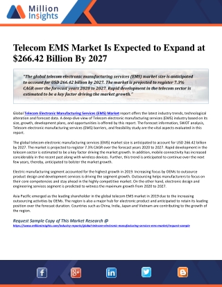Telecom EMS Market Is Expected to Expand at $266.42 Billion By 2027