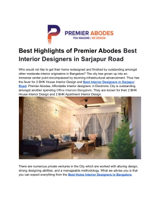 Best Highlights of Premier Abodes Best Interior Designers in Sarjapur Road