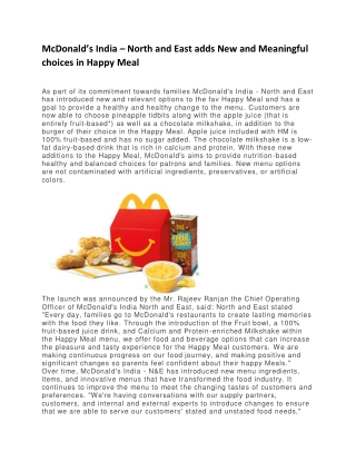 McDonald’s India – North and East adds New and Meaningful choices in Happy Meal