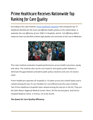 Prime Healthcare Receives Nationwide Top Ranking for Care Quality