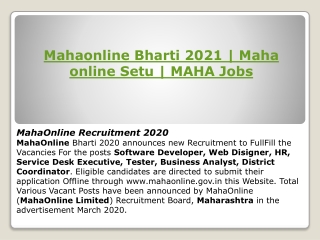 Mahaonline Bharti 2021 | Maha online Setu | MAHA Jobs