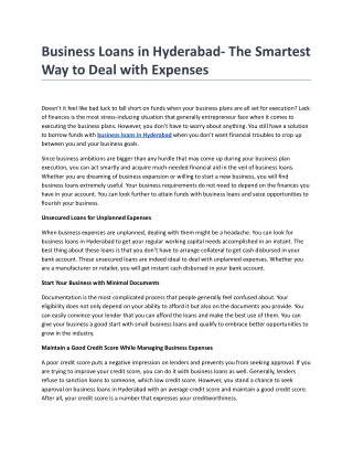 Business Loans in Hyderabad- The Smartest Way to Deal with Expenses