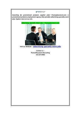 Advertising Specialty Work Jobs  Promoplacement.com