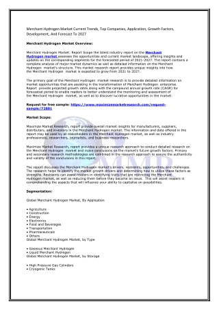 Merchant Hydrogen Market Current Trends, Top Companies, Application, Growth Factors, Development, And Forecast To 2027