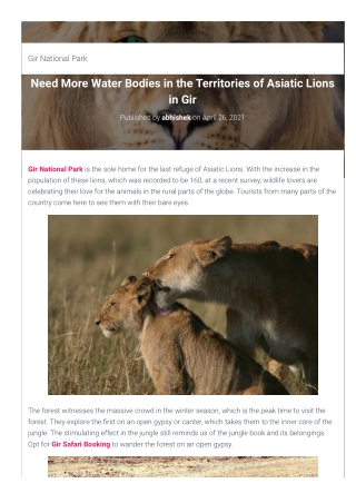 Need More Water Bodies in the Territories of Asiatic Lions in Gir