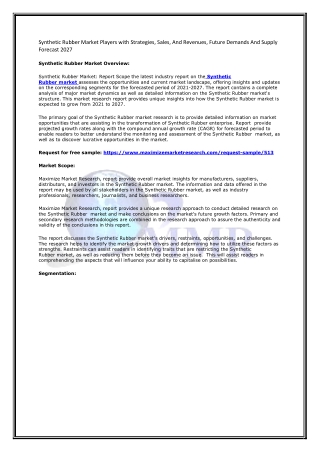 Synthetic Rubber Market Players with Strategies, Sales And Revenues, Future Demands And Supply Forecast 2027