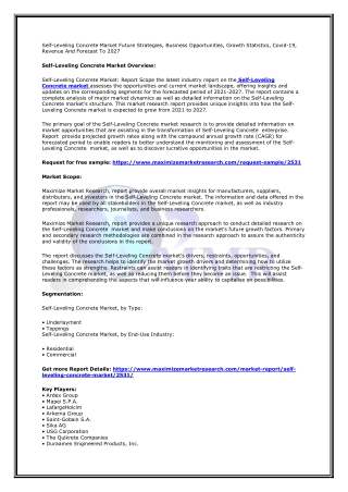 Self-Leveling Concrete Market Future Strategies, Business Opportunities, Growth Statistics, Covid-19, Revenue And Foreca