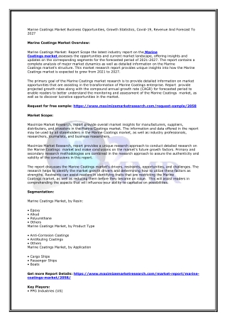 Marine Coatings Market Business Opportunities, Growth Statistics, Covid-19, Revenue And Forecast To 2027