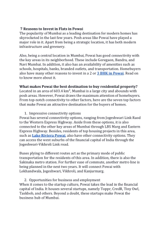 7 Reasons to Invest in Flats in Powai
