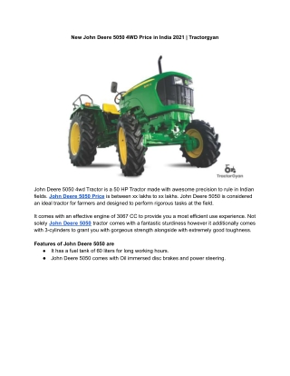 New John Deere 5050 4WD Price in India 2021 | Tractorgyan