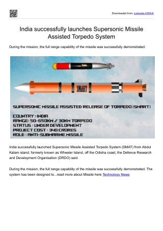 India successfully launches Supersonic Missile Assisted Torpedo System