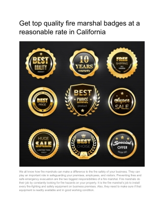 Get top quality fire marshal badges at a reasonable rate in California