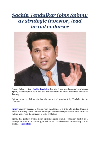 Sachin Tendulkar joins Spinny as strategic investor, lead brand endorser