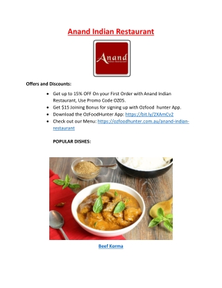 15% Off - Anand Sagar Indian Restaurant menu - St Marys NSW