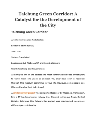Taichung Green Corridor: A Catalyst for the Development of the City