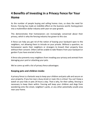 4 Benefits on Investing in a Privacy Fence For Your Home