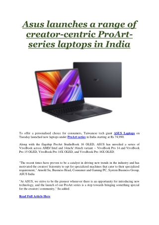 Asus launches a range of creator-centric ProArt-series laptops in India