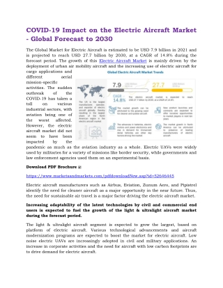 COVID-19 Impact on the Electric Aircraft Market - Global Forecast to 2030