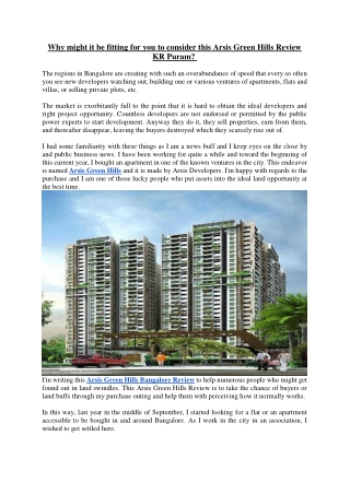 Why might it be fitting for you to consider this Arsis Green Hills Review KR Puram