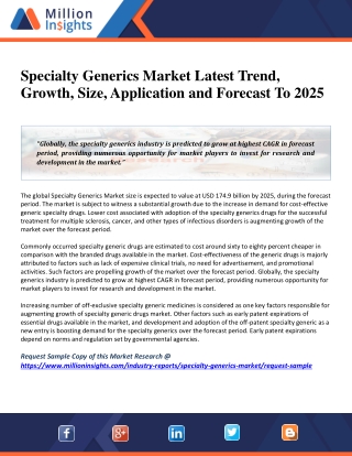 Specialty Generics Market Analysis, Comprehensive Study and Forecasts To 2025