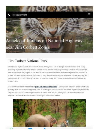 Attacks of Jumbos on National Highways near Jim Corbett Zones