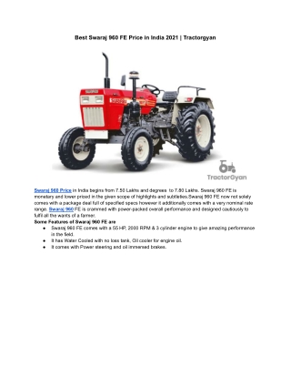 Best Swaraj 960 FE Price in India 2021 | Tractorgyan