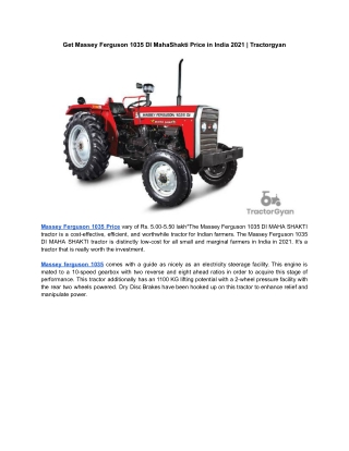 Get Massey ferguson 1035 DI Maha Shakti Price in India 2021 | Tractorgyan