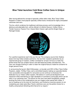 Blue Tokai launches Cold Brew Coffee Cans in Unique flavours