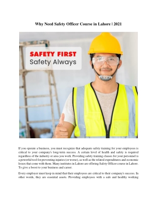 Why Need Safety Officer Course in Lahore - 2021