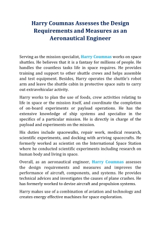 Harry Coumnas Assesses the Design Requirements and Measures as an Aeronautical Engineer
