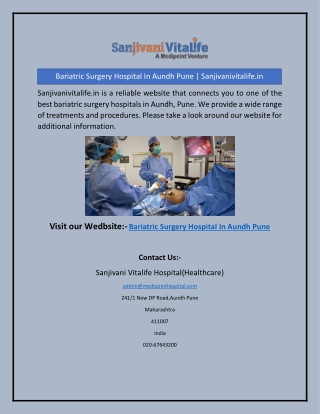Bariatric Surgery Hospital In Aundh Pune | Sanjivanivitalife.in
