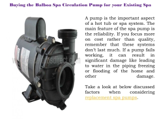 Buying the Balboa Spa Circulation Pump for your Existing Spa