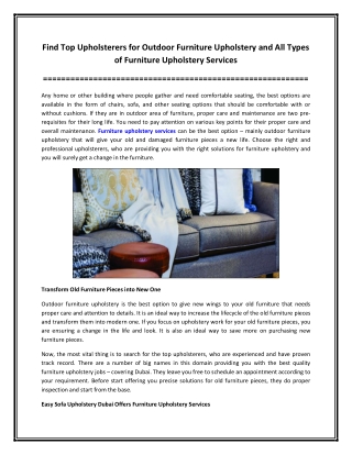 Find Top Upholsterers for Outdoor Furniture Upholstery and All Types of Furniture Upholstery Services