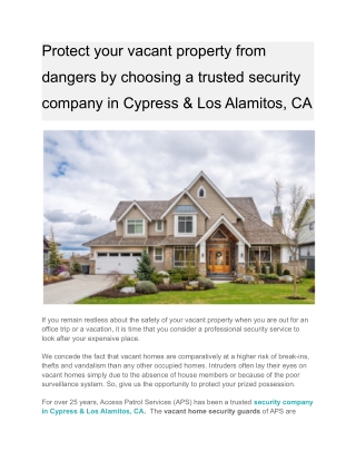 Protect your vacant property from dangers by choosing a trusted security company in Cypress & Los Alamitos, CA