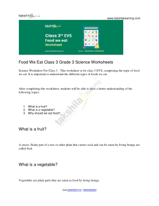 Food We Eat - NCERT Science Worksheet For Class 3