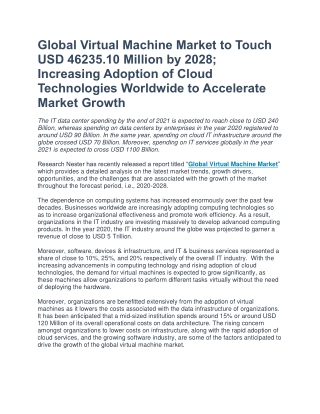 Global Virtual Machine Market to Touch USD 46235.10 Million by 2028