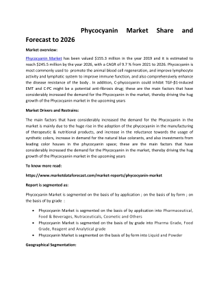 Phycocyanin Market Size and Forecast to 2026